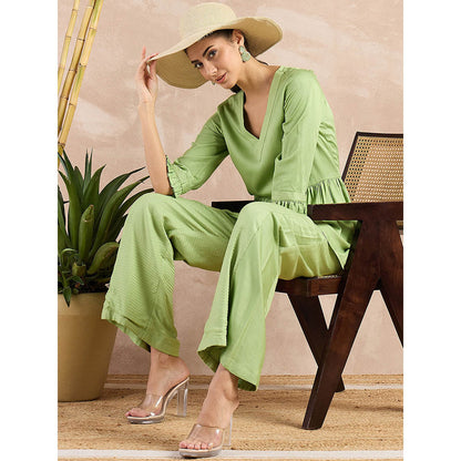 First Resort by Ramola Bachchan Pastel Green Herringbone V-Neck Peplum Top