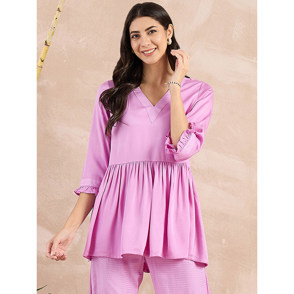 First Resort by Ramola Bachchan Purple Herringbone V-Neck Peplum Top
