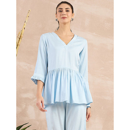 First Resort by Ramola Bachchan Sky Blue Herringbone V-Neck Peplum Top