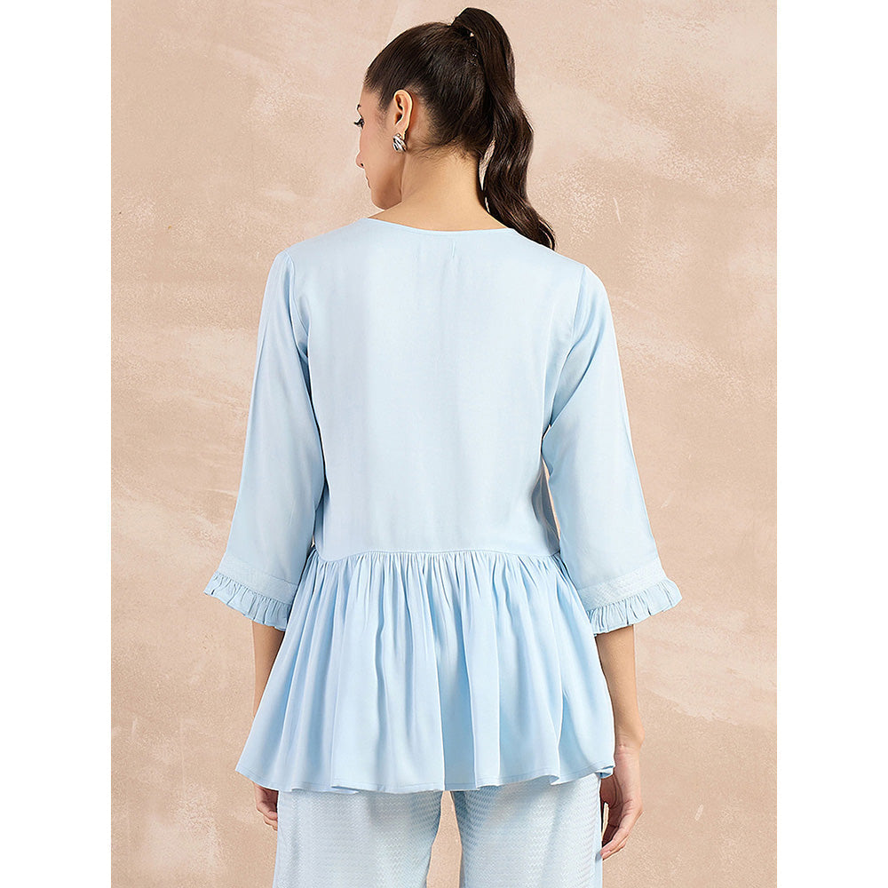 First Resort by Ramola Bachchan Sky Blue Herringbone V-Neck Peplum Top