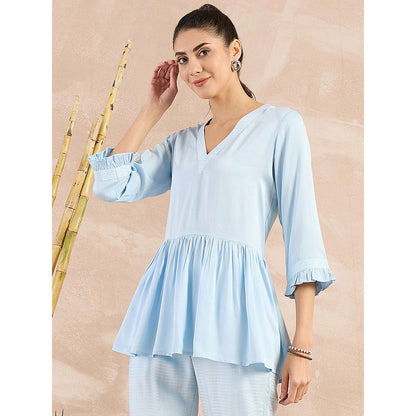 First Resort by Ramola Bachchan Sky Blue Herringbone V-Neck Peplum Top