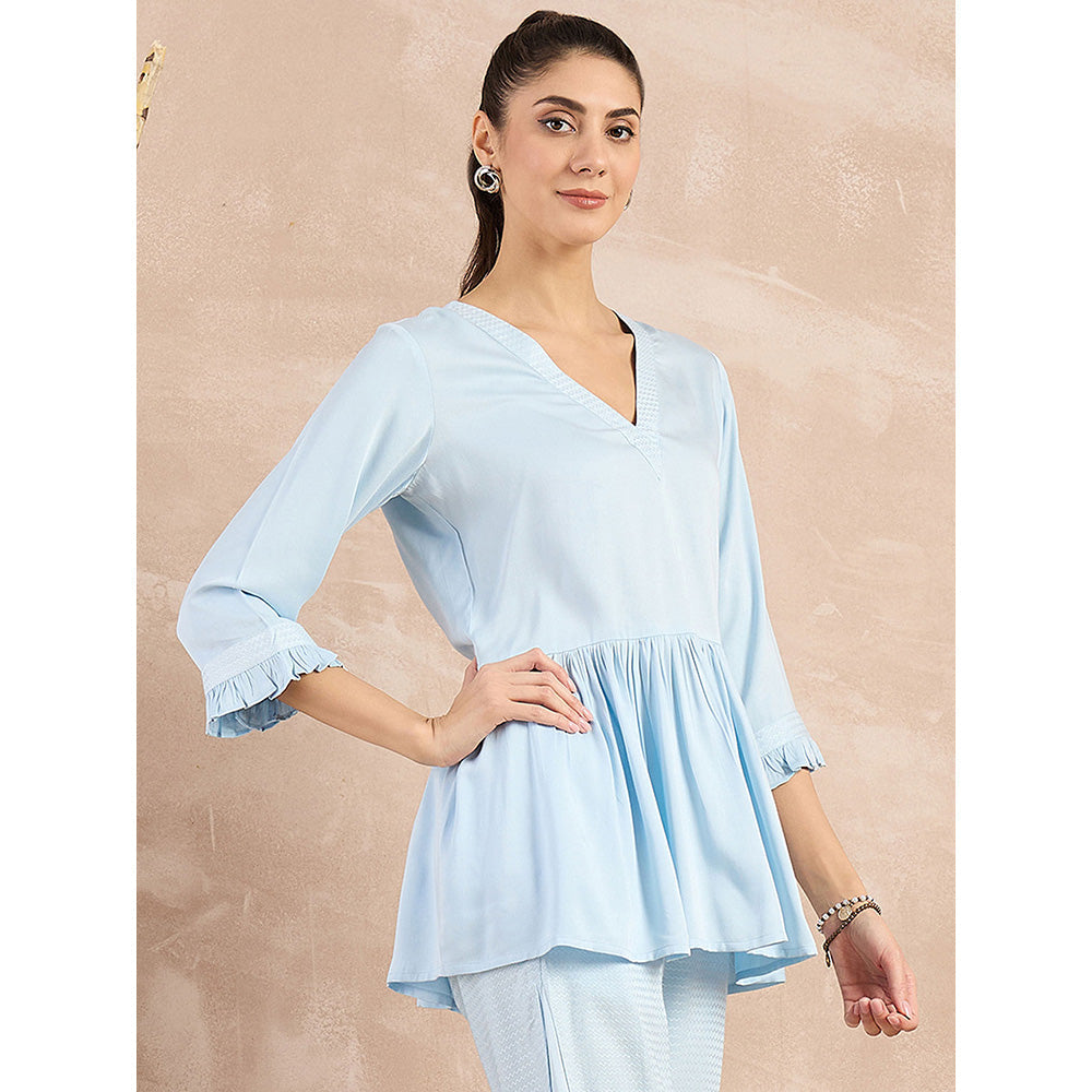 First Resort by Ramola Bachchan Sky Blue Herringbone V-Neck Peplum Top