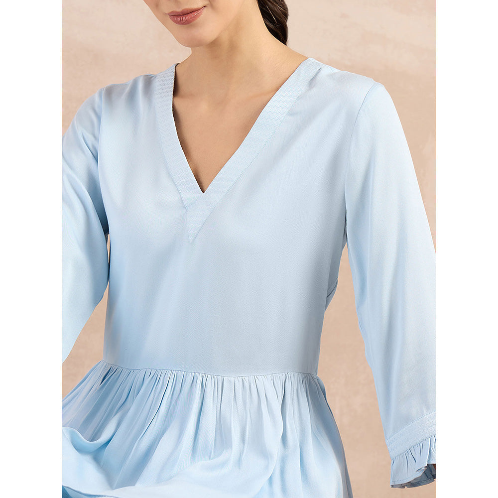 First Resort by Ramola Bachchan Sky Blue Herringbone V-Neck Peplum Top