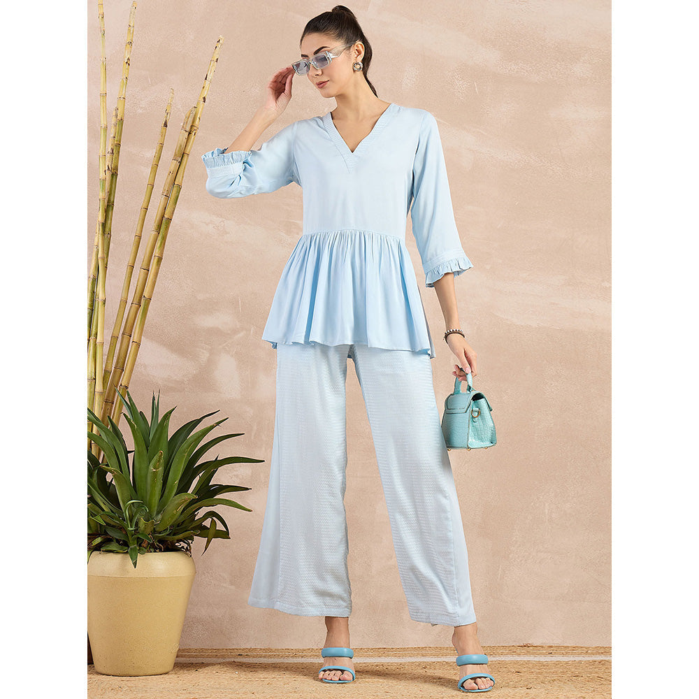 First Resort by Ramola Bachchan Sky Blue Herringbone V-Neck Peplum Top