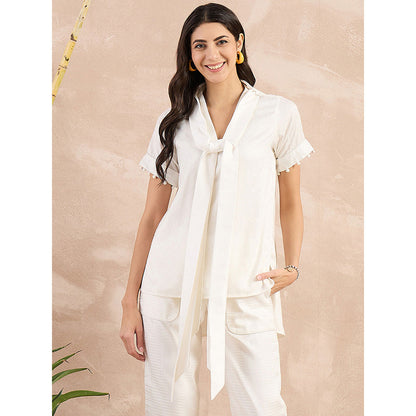 First Resort by Ramola Bachchan White Herringbone High-Low Top With Belt (Set of 2)