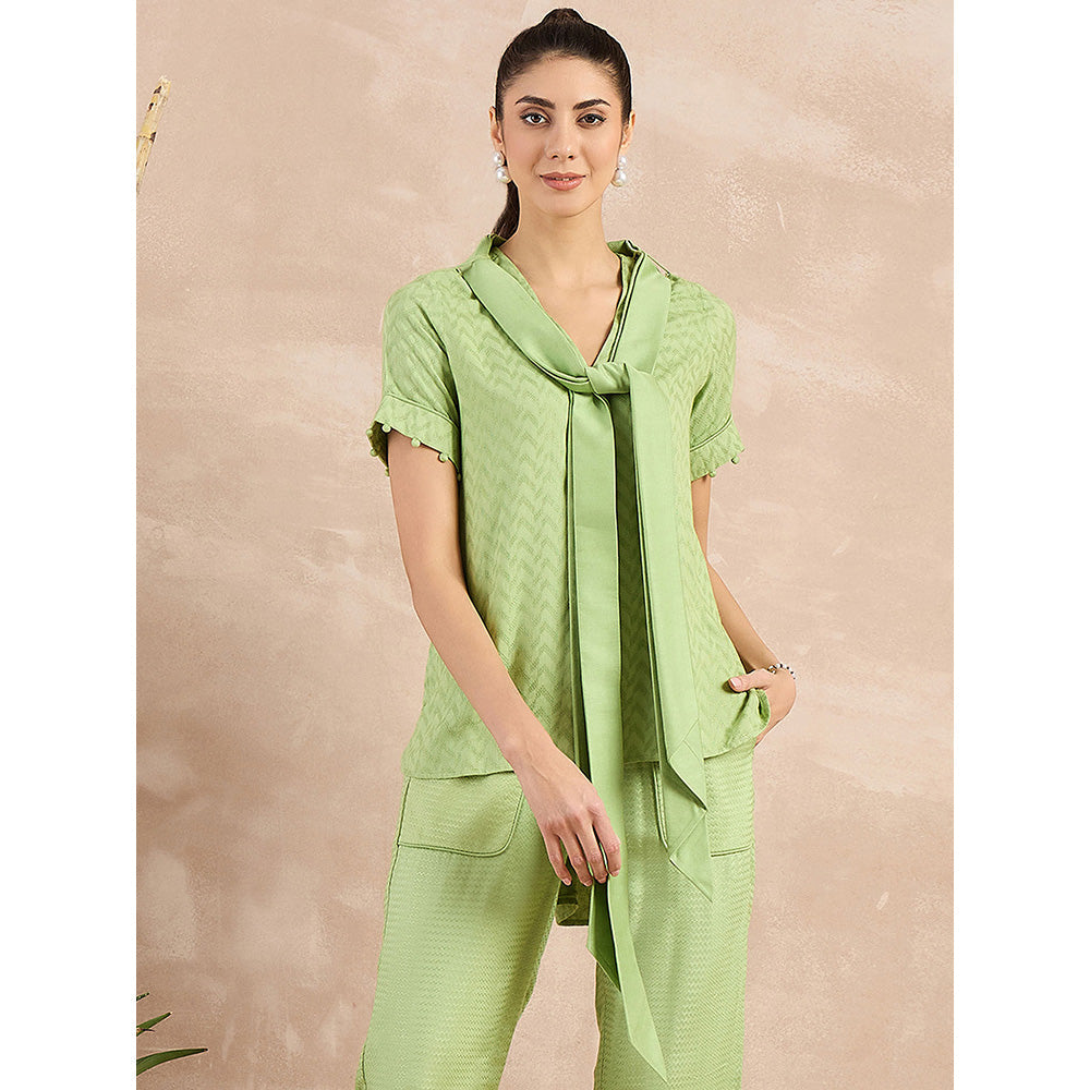 First Resort by Ramola Bachchan Pastel Green Herringbone High-Low Top With Belt (Set of 2)