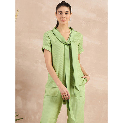First Resort by Ramola Bachchan Pastel Green Herringbone High-Low Top With Belt (Set of 2)