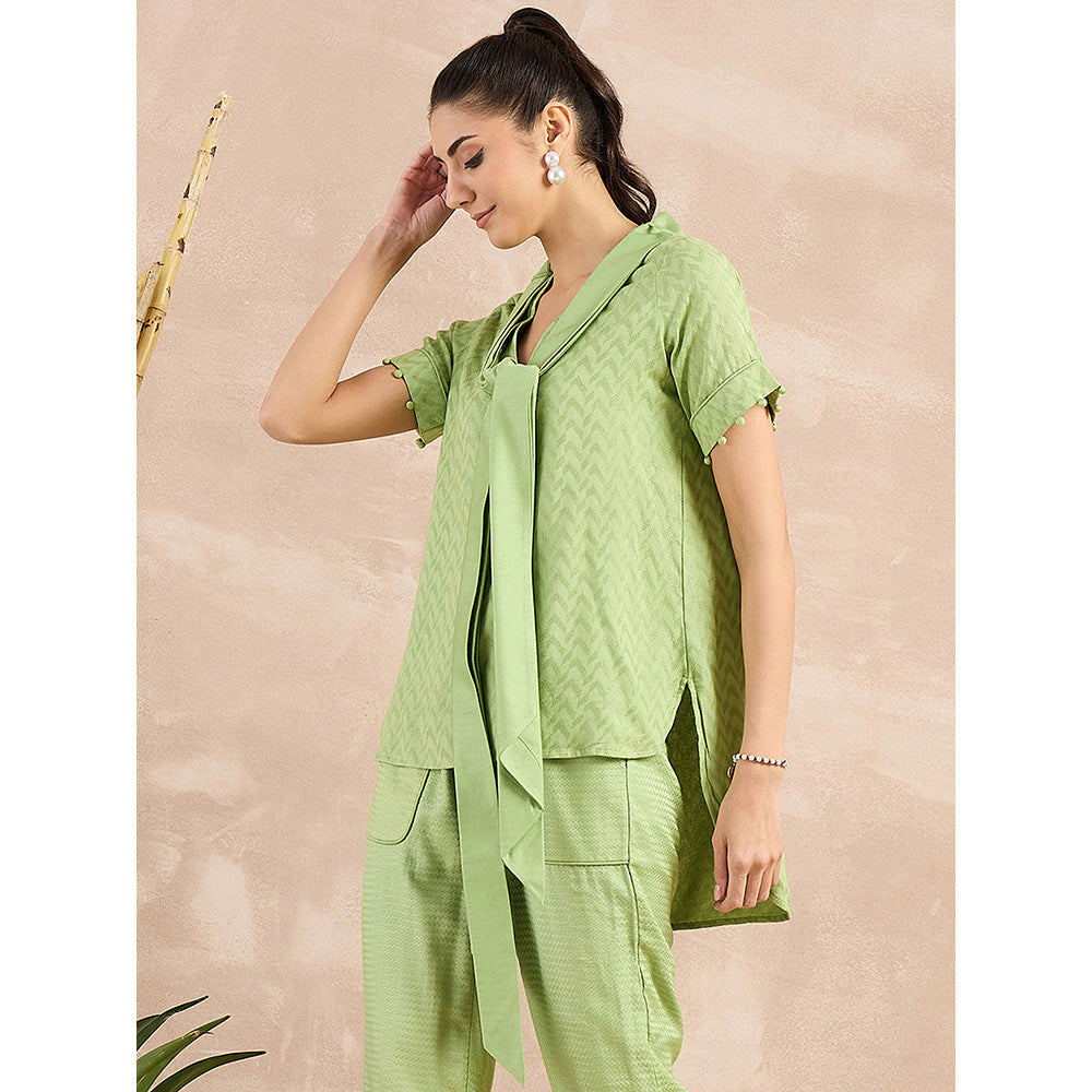 First Resort by Ramola Bachchan Pastel Green Herringbone High-Low Top With Belt (Set of 2)