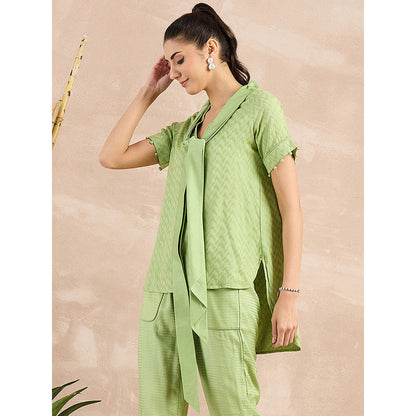 First Resort by Ramola Bachchan Pastel Green Herringbone High-Low Top With Belt (Set of 2)