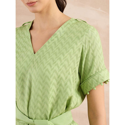 First Resort by Ramola Bachchan Pastel Green Herringbone High-Low Top With Belt (Set of 2)