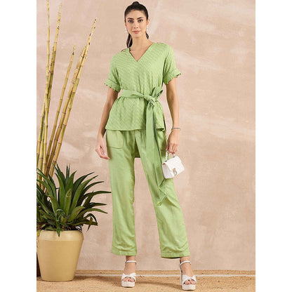 First Resort by Ramola Bachchan Pastel Green Herringbone High-Low Top With Belt (Set of 2)