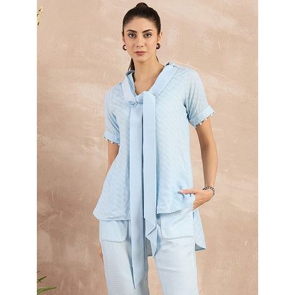 First Resort by Ramola Bachchan Sky Blue Herringbone High-Low Top With Belt (Set of 2)