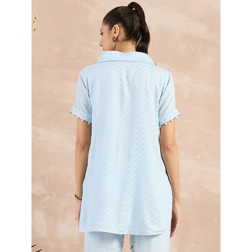 First Resort by Ramola Bachchan Sky Blue Herringbone High-Low Top With Belt (Set of 2)