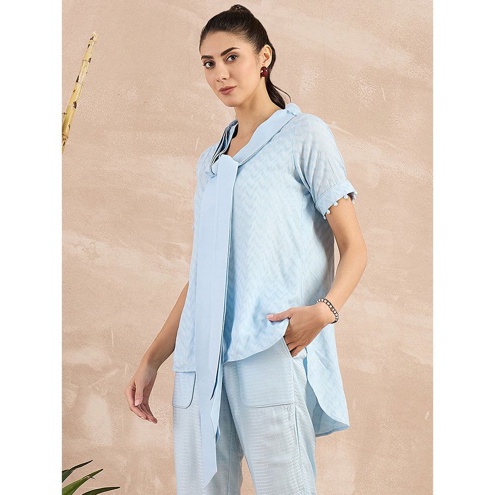 First Resort by Ramola Bachchan Sky Blue Herringbone High-Low Top With Belt (Set of 2)