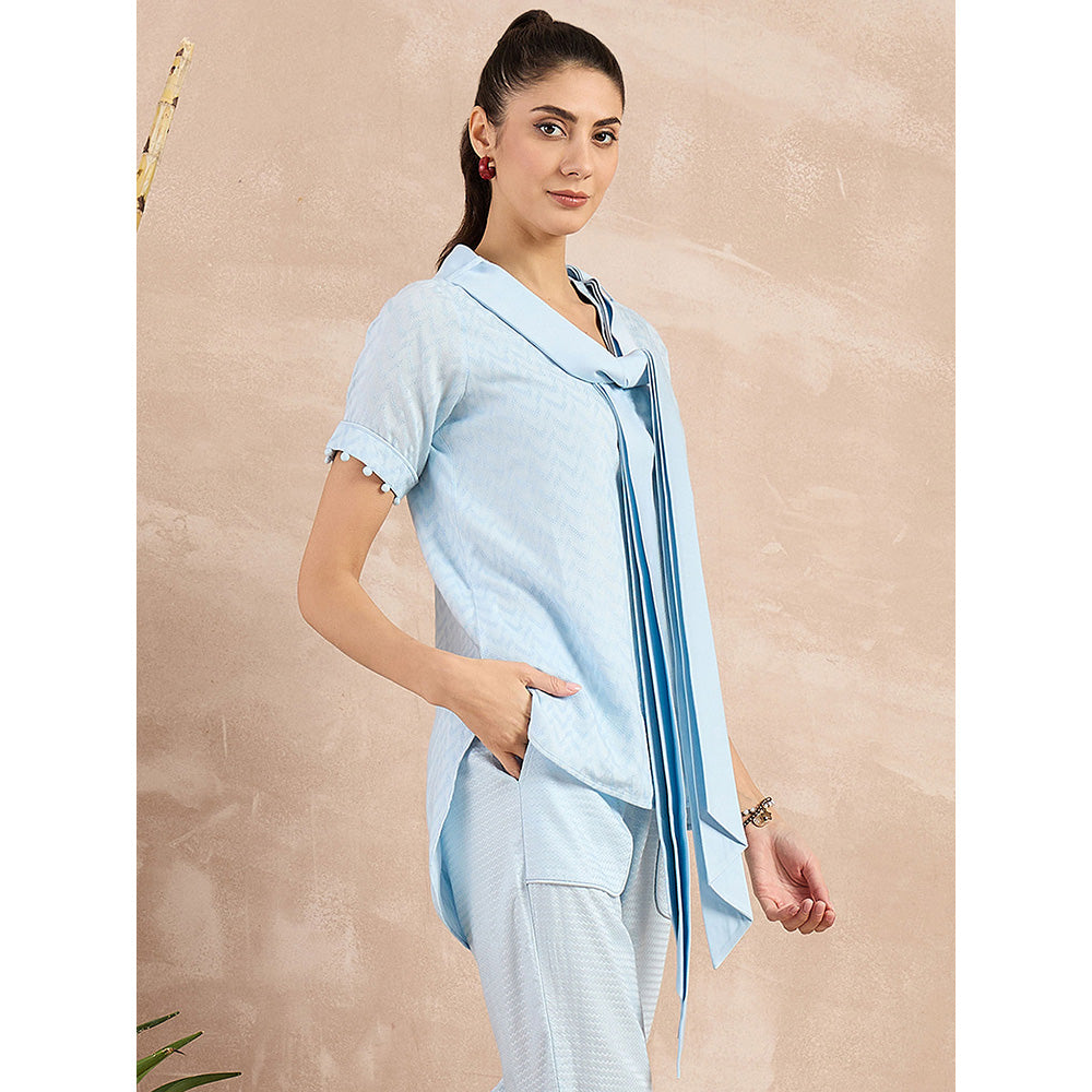 First Resort by Ramola Bachchan Sky Blue Herringbone High-Low Top With Belt (Set of 2)