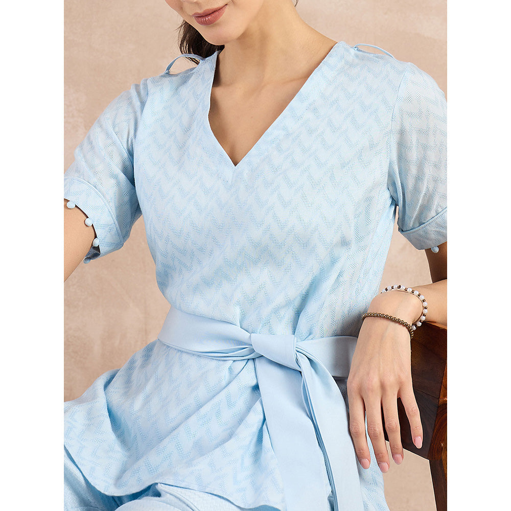 First Resort by Ramola Bachchan Sky Blue Herringbone High-Low Top With Belt (Set of 2)