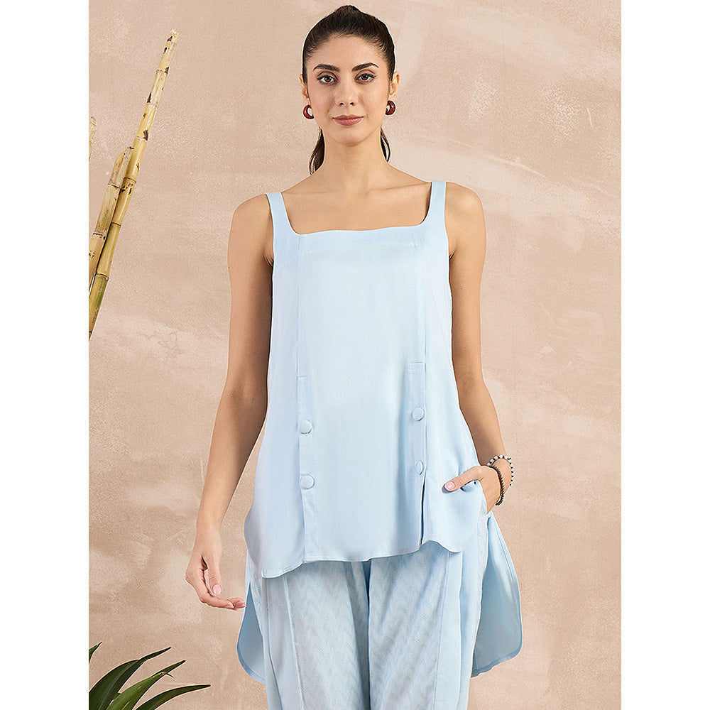 First Resort by Ramola Bachchan Sky Blue High-Low Sleeveless Top
