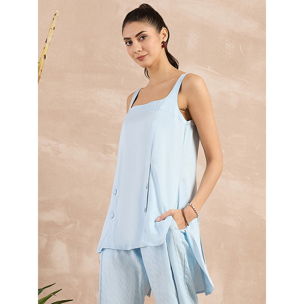 First Resort by Ramola Bachchan Sky Blue High-Low Sleeveless Top