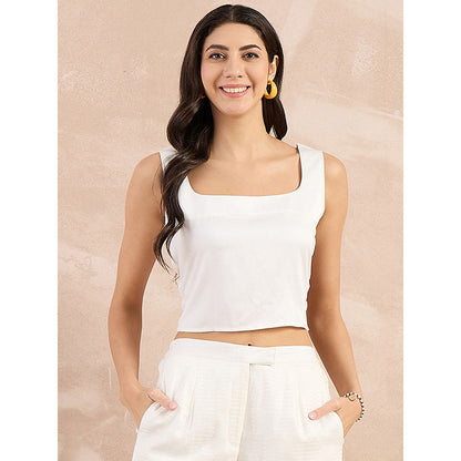 First Resort by Ramola Bachchan White Buttoned Camisole Crop Top