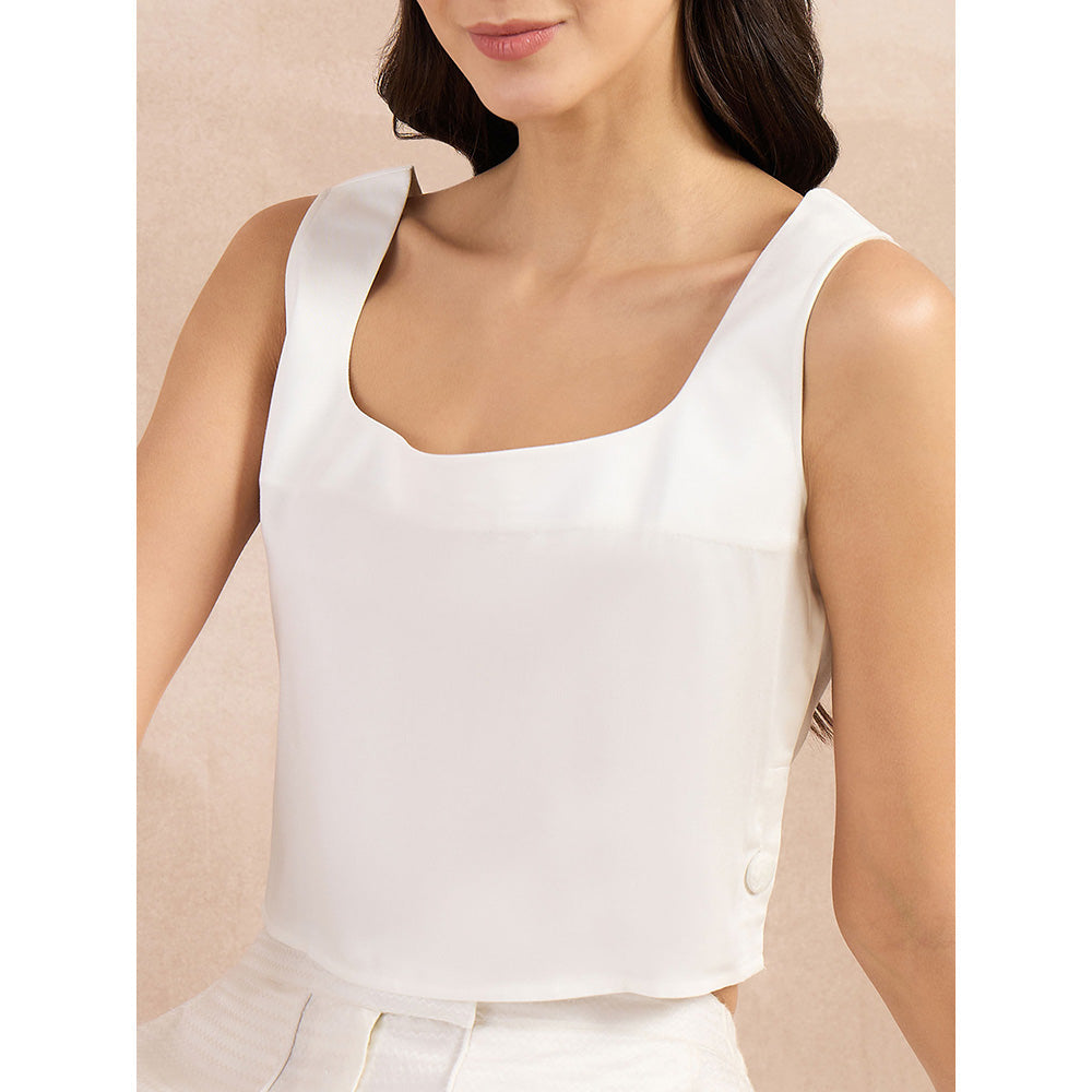 First Resort by Ramola Bachchan White Buttoned Camisole Crop Top