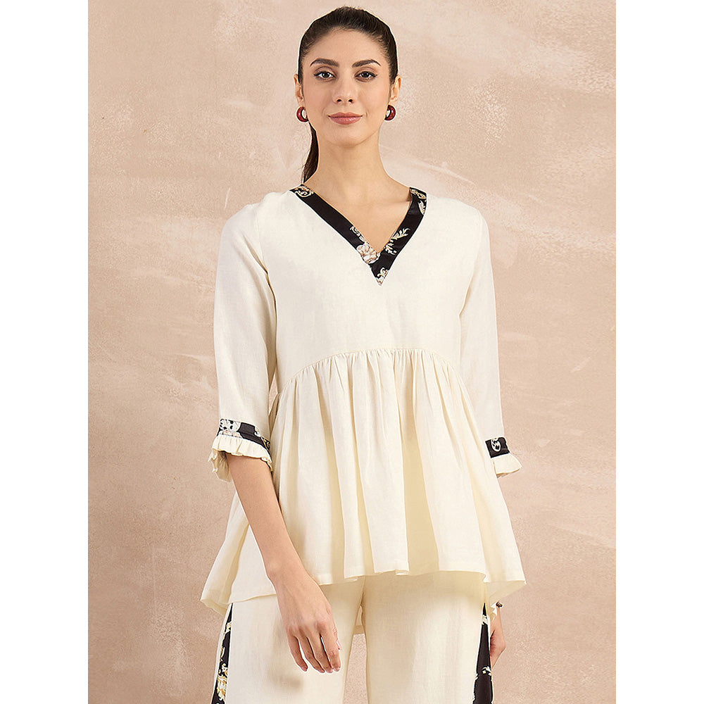 First Resort by Ramola Bachchan Beige And Black Baroque Printed Linen Top