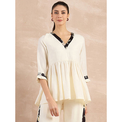 First Resort by Ramola Bachchan Beige And Black Baroque Printed Linen Top