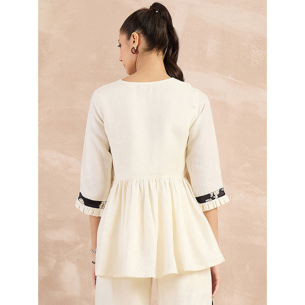 First Resort by Ramola Bachchan Beige And Black Baroque Printed Linen Top