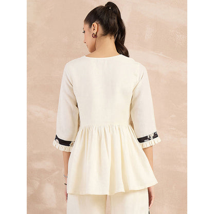 First Resort by Ramola Bachchan Beige And Black Baroque Printed Linen Top
