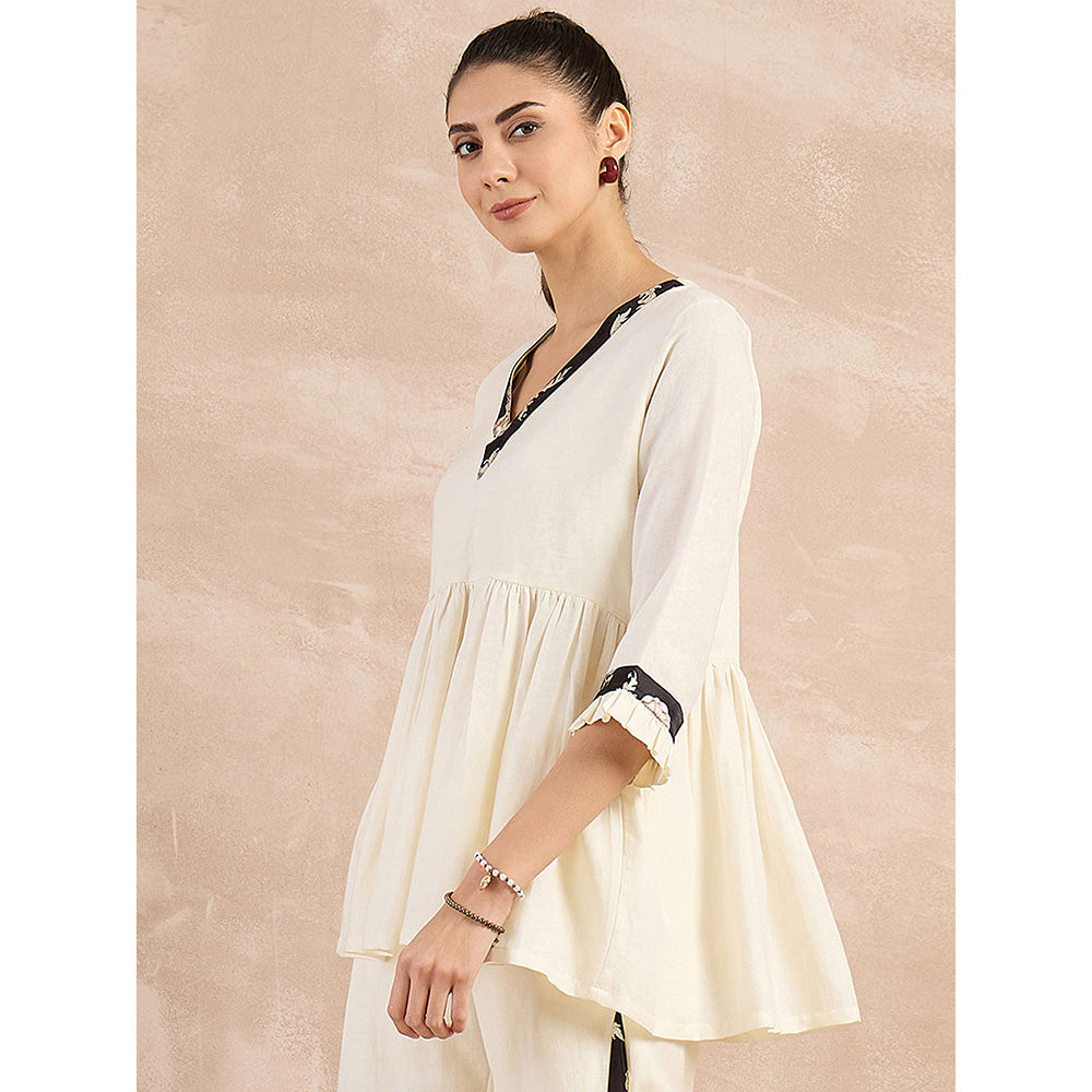 First Resort by Ramola Bachchan Beige And Black Baroque Printed Linen Top