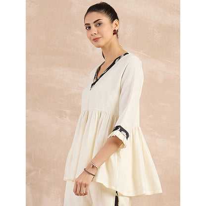 First Resort by Ramola Bachchan Beige And Black Baroque Printed Linen Top