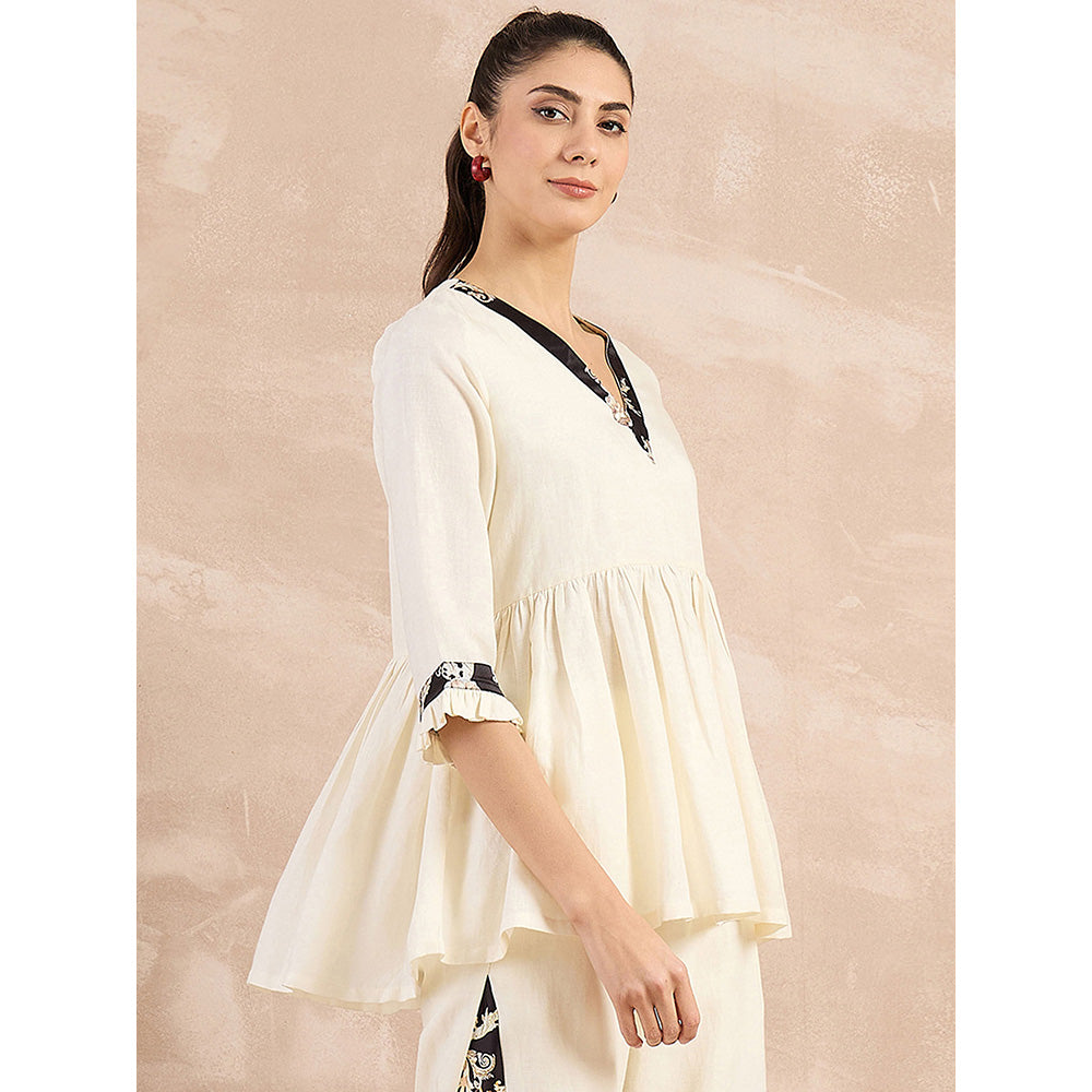 First Resort by Ramola Bachchan Beige And Black Baroque Printed Linen Top