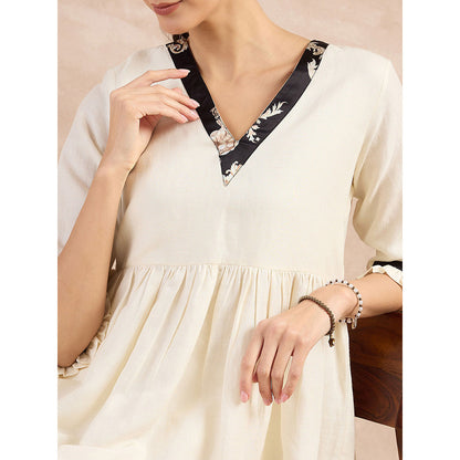 First Resort by Ramola Bachchan Beige And Black Baroque Printed Linen Top