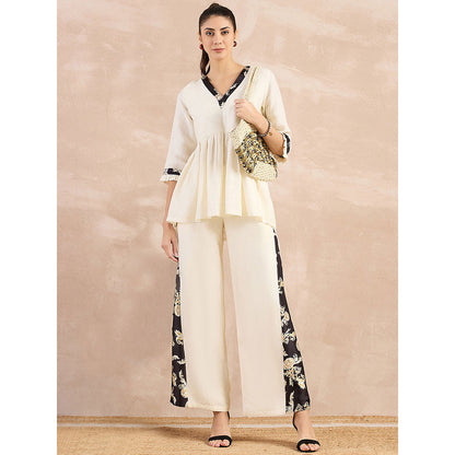 First Resort by Ramola Bachchan Beige And Black Baroque Printed Linen Top