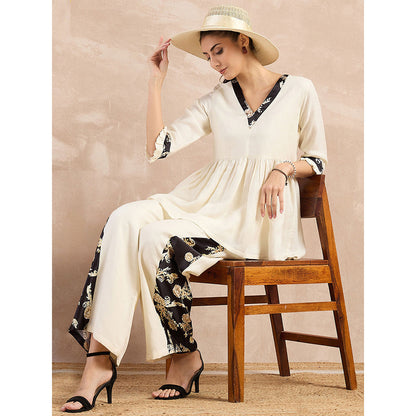 First Resort by Ramola Bachchan Beige And Black Baroque Printed Linen Top