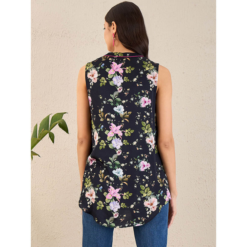 First Resort by Ramola Bachchan Black And Pink Garden Print Sleeveless Top