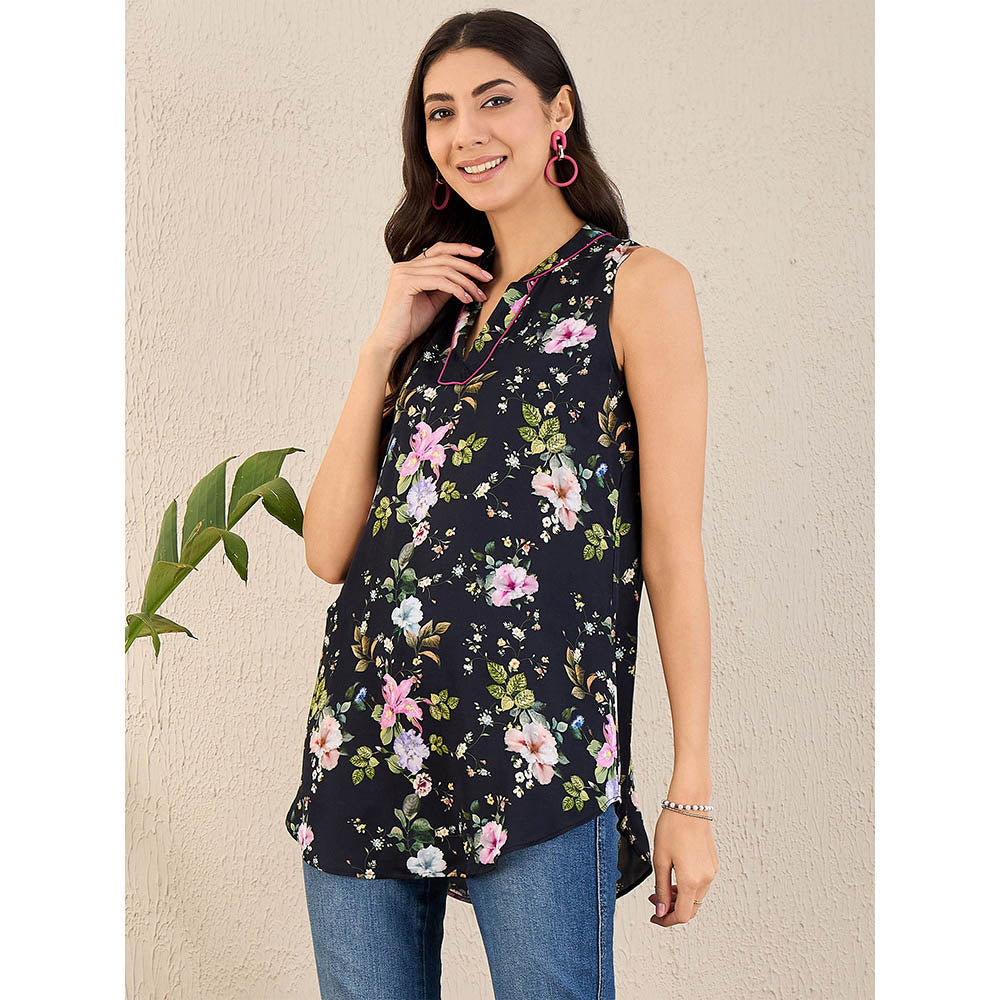 First Resort by Ramola Bachchan Black And Pink Garden Print Sleeveless Top