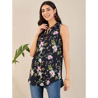First Resort by Ramola Bachchan Black And Pink Garden Print Sleeveless Top