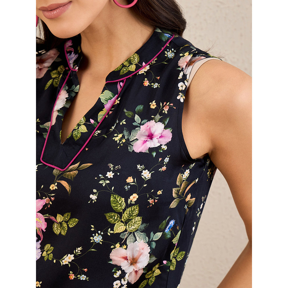 First Resort by Ramola Bachchan Black And Pink Garden Print Sleeveless Top