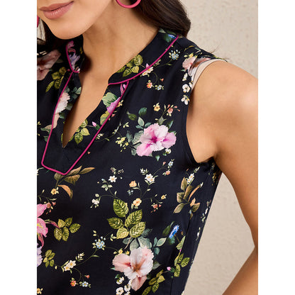 First Resort by Ramola Bachchan Black And Pink Garden Print Sleeveless Top