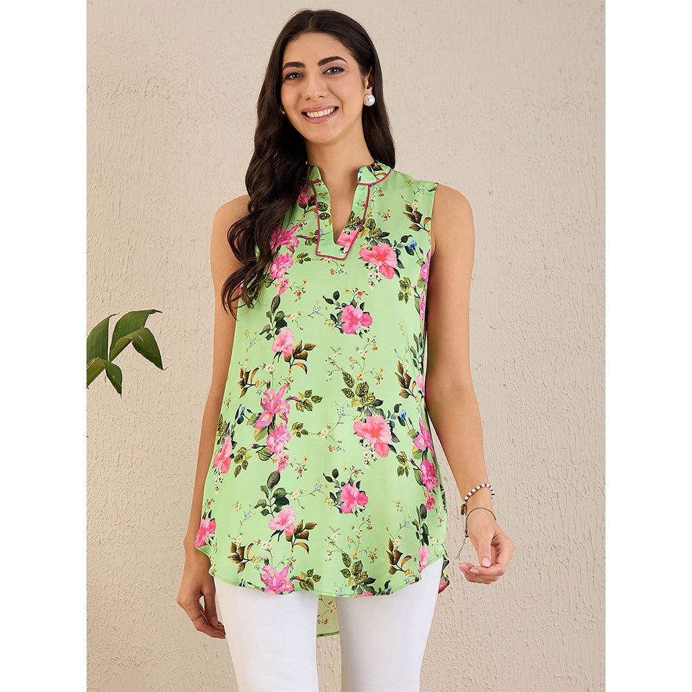 First Resort by Ramola Bachchan Green And Pink Garden Print Sleeveless Top