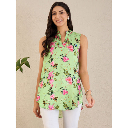 First Resort by Ramola Bachchan Green And Pink Garden Print Sleeveless Top