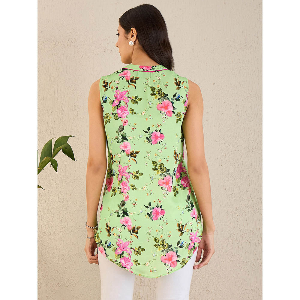 First Resort by Ramola Bachchan Green And Pink Garden Print Sleeveless Top