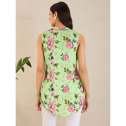 First Resort by Ramola Bachchan Green And Pink Garden Print Sleeveless Top