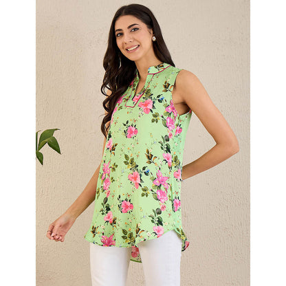 First Resort by Ramola Bachchan Green And Pink Garden Print Sleeveless Top