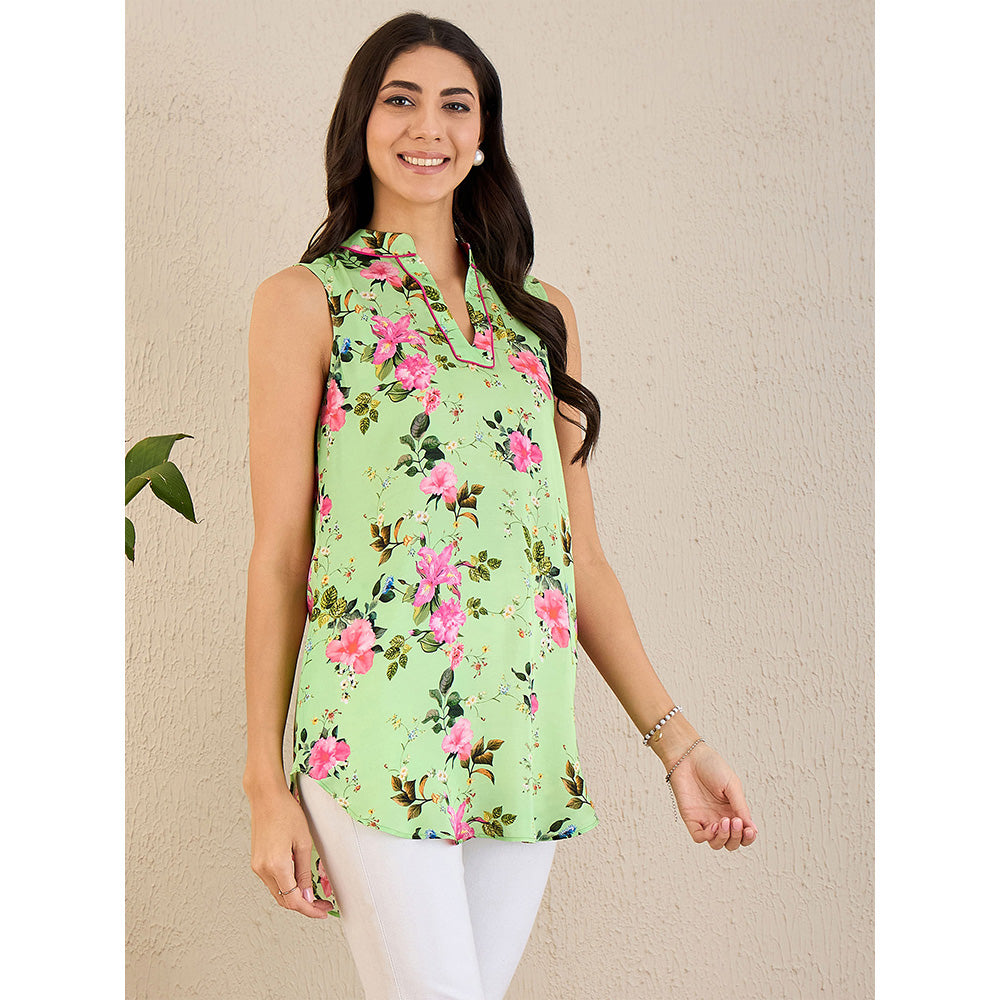 First Resort by Ramola Bachchan Green And Pink Garden Print Sleeveless Top