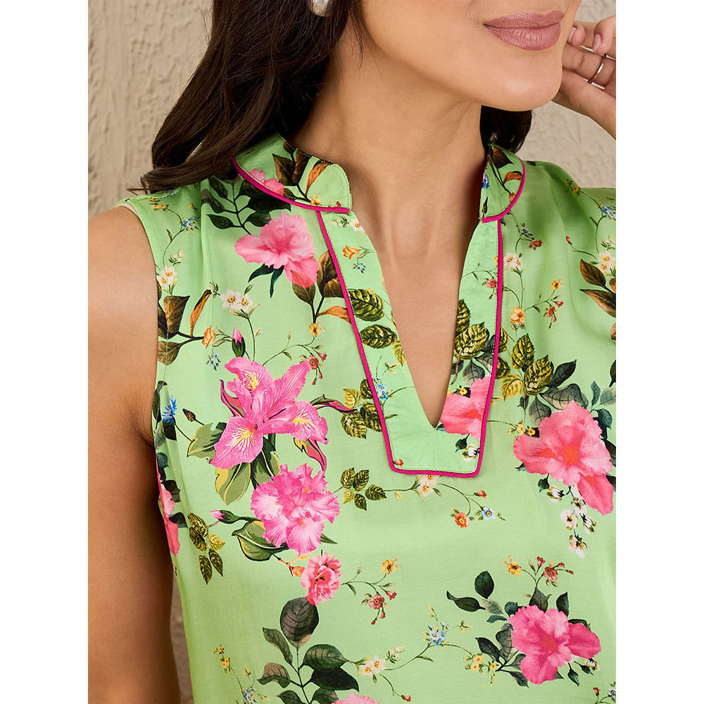 First Resort by Ramola Bachchan Green And Pink Garden Print Sleeveless Top