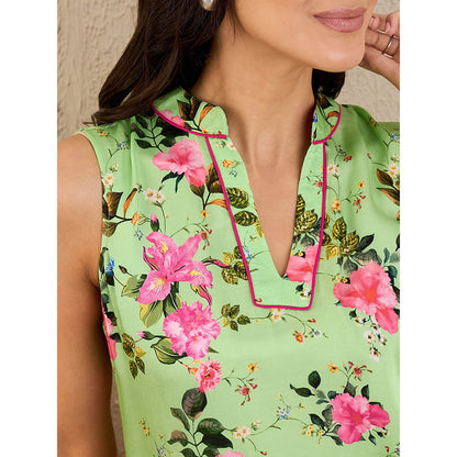First Resort by Ramola Bachchan Green And Pink Garden Print Sleeveless Top