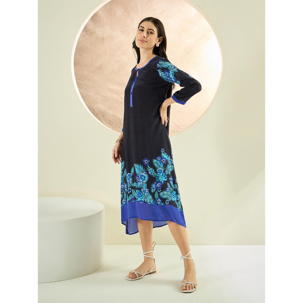 First Resort by Ramola Bachchan Black and Blue Floral Printed Slimline Kaftan Dress