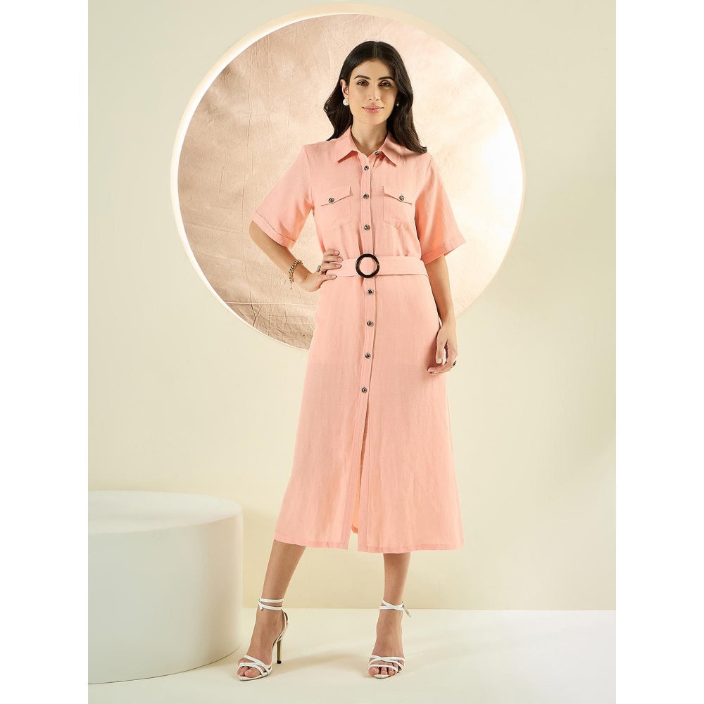 First Resort by Ramola Bachchan Blush Peach Mid-Length Linen Shirt Dress (Set of 2)