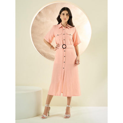 First Resort by Ramola Bachchan Blush Peach Mid-Length Linen Shirt Dress (Set of 2)